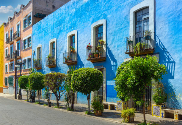 Colorful Puebla streets and colonial architecture in Zocalo historic city center stock photo