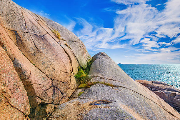 Colorful rocky shore in Norway stock photo