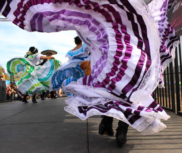 Colorful skirts fly during Mexican dancing stock photo