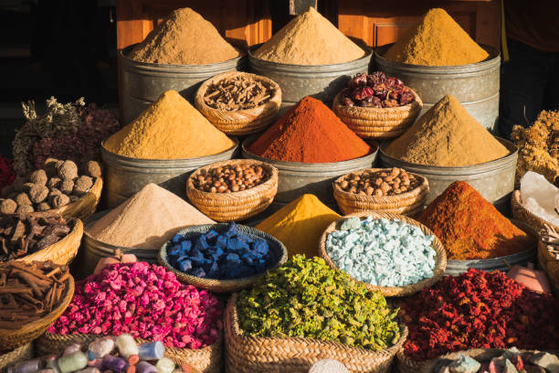 Colorful spices at a traditional market, Djema el Fna, in Marrakech, Morocco Colorful spices at a traditional market in Marrakech, Morocco souk stock pictures, royalty-free photos & images