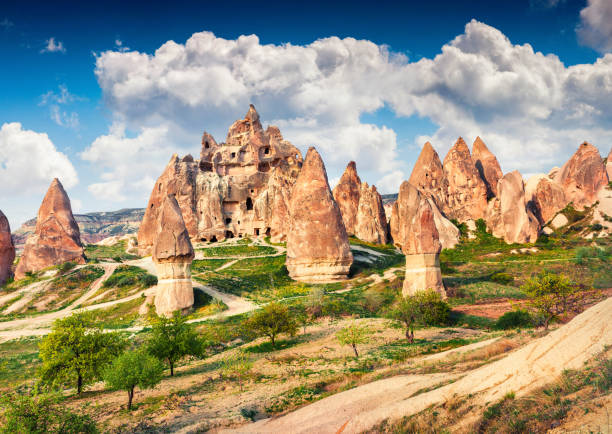 Colorful spring scene of Cappadocia. Picturesque morning view of of Red Rose valley in April. Cavusin village located, district of Nevsehir, Turkey, Asia. Traveling concept background. stock photo