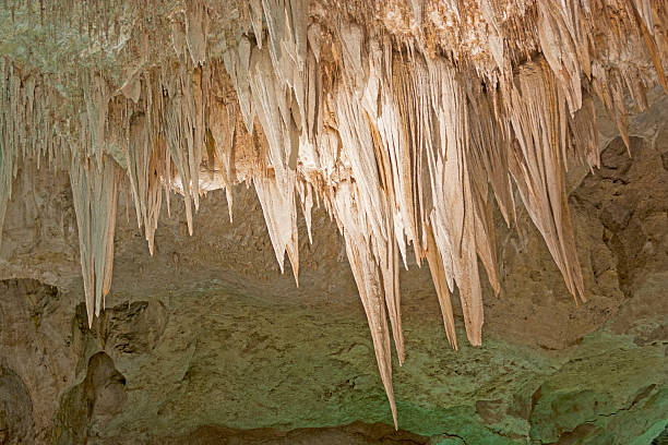 colorful stalactites by cave lighting - stalactiet stockfoto's en -beelden
