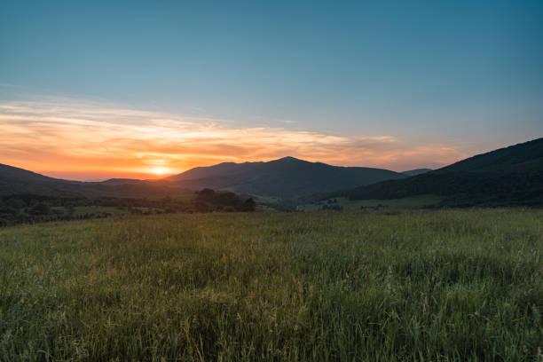 Colorful sunset over grass field in Bieszczady Mountains, Poland. Colorful sunset over grass field in Bieszczady Mountains, Poland. bieszczady mountains stock pictures, royalty-free photos & images