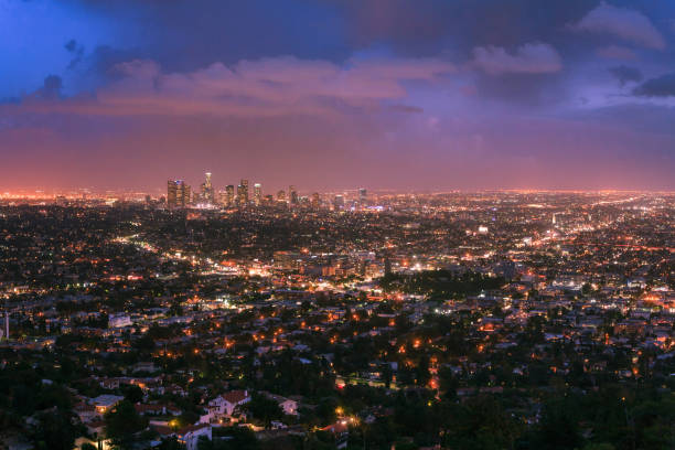 Colorful Sunset over Los Angeles Skyline seen from Griffith Observatory stock photo