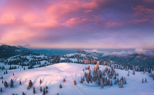 Idyllic winter landscape at sunset. View from above.
