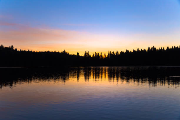 Colorful sunset reflection of forest on Sequoia lake stock photo