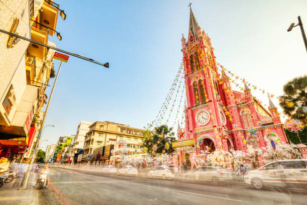 Colorful Tan Dinh Church or Church of the Sacred Heart of Jesus in Ho Chi Minh City, Vietnam stock photo