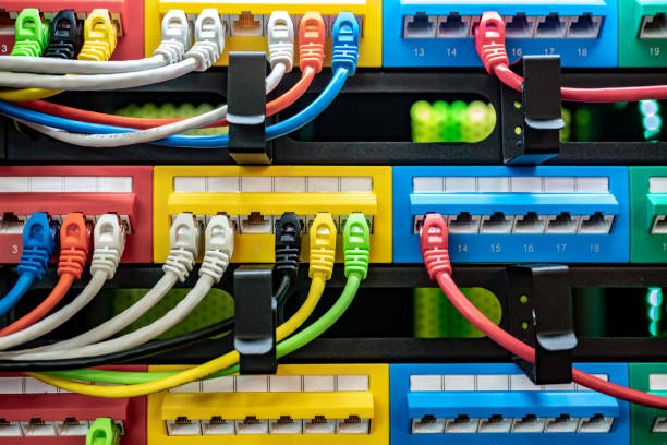 Colorful Telecommunication Colorful Ethernet Cables Connected to the Switch in Internet Data Center stock photo