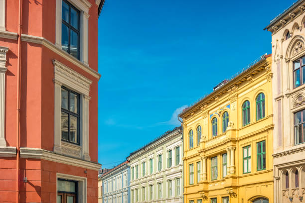 Colorful townhouses in downtown Oslo Norway stock photo