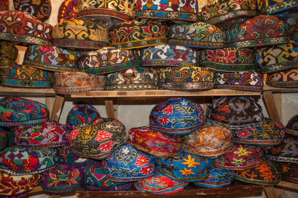 Colorful, traditional hats being sold in Bukhara, Uzbekistan stock photo