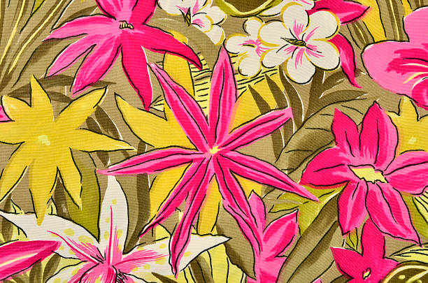 Colorful tropical floral pattern on fabric. stock photo