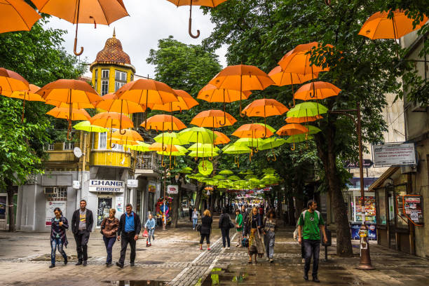 Colorful umbrellas above Blagoevgrad's main street, Bulgaria stock photo