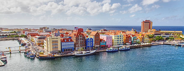 colorful waterfront of homes and shops in Curacao stock photo