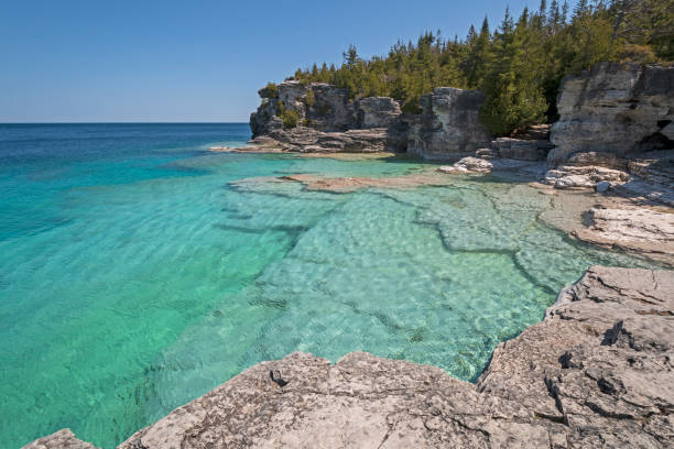 Colorful Waters on a Secluded Cove Colorful Waters on a Secluded Indian Cove on Lake Huron in Bruce Peninsula National Pqrk in Ontario bruce peninsula stock pictures, royalty-free photos & images