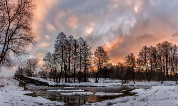 Colorful winter sunrise in Kuzminki in Moscow at sunrise stock photo