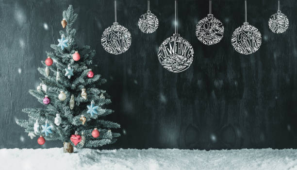 красочное дерево, мяч, фрохе weihnachten означает с рождеством христовым, снежинки - weihnachten стоковые фото и изображения