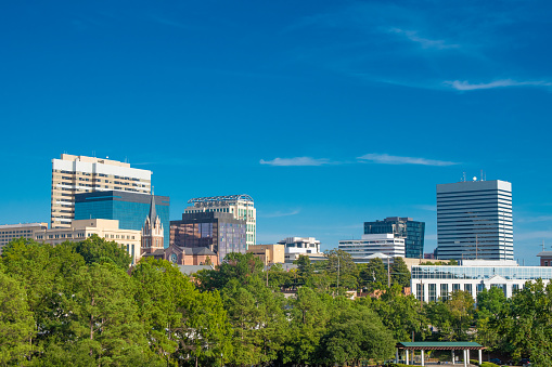 Summer skyline of Columbia, South Carolina with green trees and blue sky.