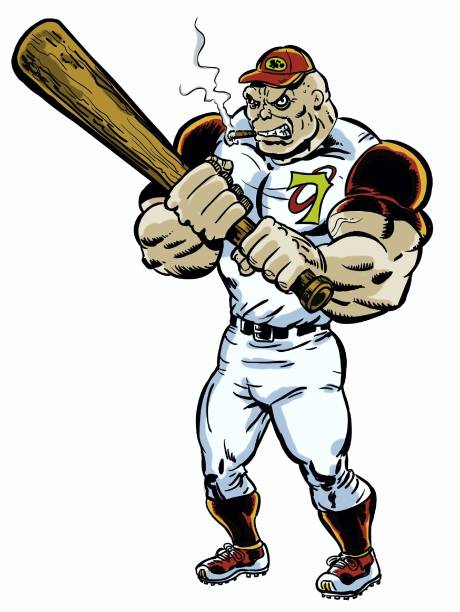 Comic book illustrated baseball player villain character in action pose stock photo