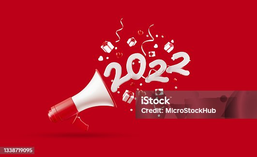 istock 2022 Coming Out of  A Megaphone with Gift Boxes Paper Confetti and Party Streamers Falling on Red Background 1338719095