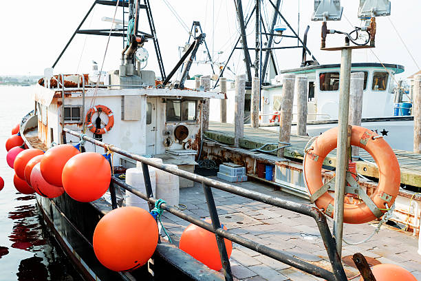 Commercial fishing boat equipment. stock photo