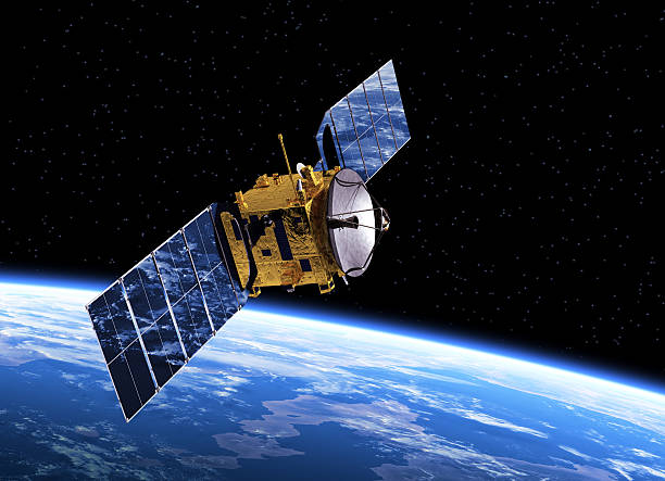 Communication Satellite Orbiting Earth Communication Satellite Orbiting Earth. 3D Scene. satellites in space stock pictures, royalty-free photos & images