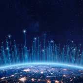 istock Communication technology with connections around Earth viewed from space. Internet, IoT, cyberspace, global business, innovation, big data science, digital finance, blockchain. Elements from NASA 1364398448