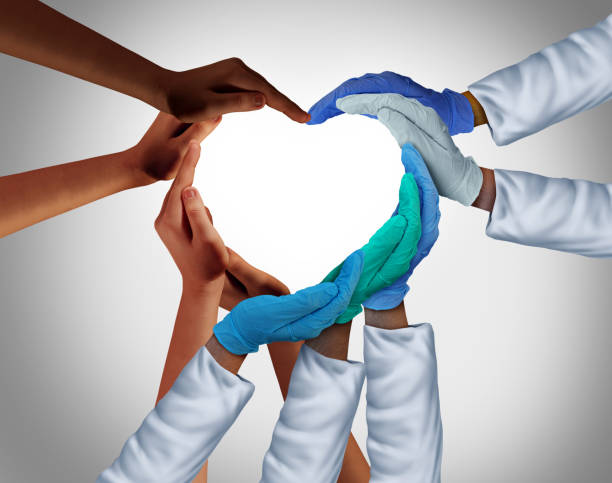 Community And Health Workers Community and Health Workers and Essential care medical group or hospital medicine teamwork as a group of doctors and nurses joining together in a heart shape with patients in a 3D illustration style. heroes stock pictures, royalty-free photos & images