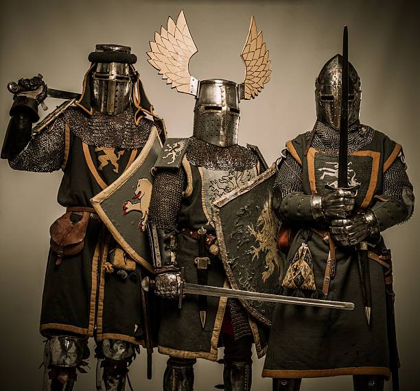 Company of medieval knights in armour stock photo