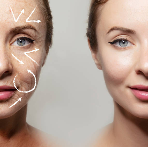 comparative portrait of young and old skin / copy space Health supplement female face anti-aging beauty cosmetics banner collagen stock pictures, royalty-free photos & images