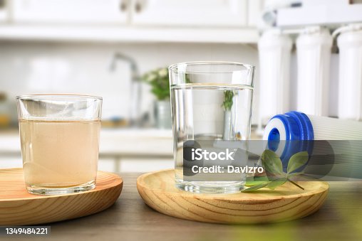 istock Comparison of dirty and filtered water by osmosis front view 1349484221