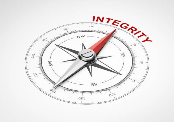Compass on White Background, Integrity Concept Magnetic Compass with Needle Pointing Red Integrity Word on White Background 3D Illustration morality stock pictures, royalty-free photos & images