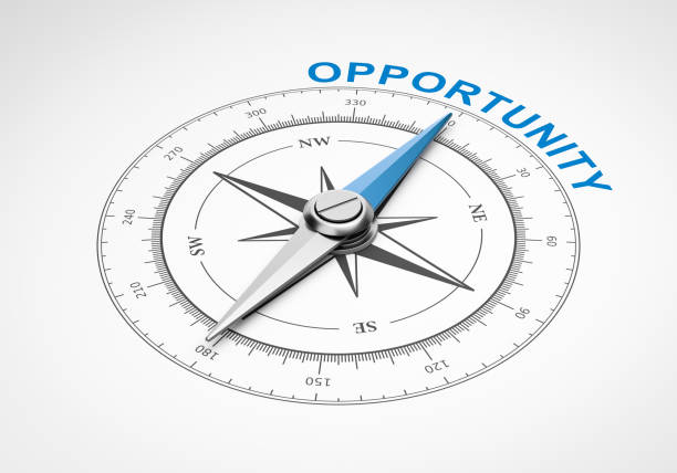 Compass on White Background, Opportunity Concept Magnetic Compass with Needle Pointing Blue Opportunity Word on White Background 3D Illustration opportunity stock pictures, royalty-free photos & images