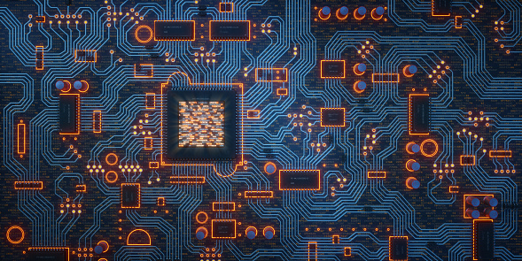 An abstract 3D render of a circuit board with many electrical components installed. The central microprocessor is showing binary code. Components are labelled with random serial numbers and outlined with glowing effects. The surface of the board is dark with random hexadecimal code.