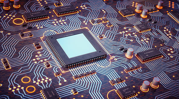 Complex Circuit Board With Orange Hue An abstract 3D render of a circuit board with many electrical components installed. The central microprocessor has a blank shiny surface top. Components are labelled with random serial numbers and outlined with glowing effects. The surface of the board is dark with random hexadecimal code. semiconductor stock pictures, royalty-free photos & images