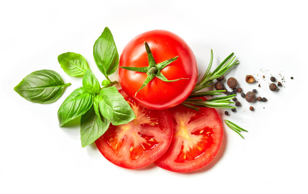 composition de légumes frais et d’épices - tomates photos et images de collection