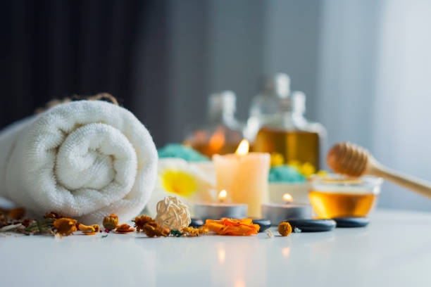 Composition of spa and wellness products on table Composition of spa and wellness products on table background, wellness and relaxation concept af_istocker stock pictures, royalty-free photos & images