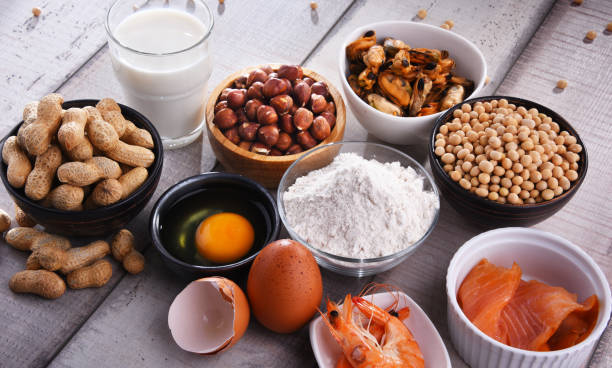 Composition with common food allergens Composition with common food allergens including egg, milk, soya, peanuts, hazelnut, fish, seafood and wheat flour allergy medicine stock pictures, royalty-free photos & images