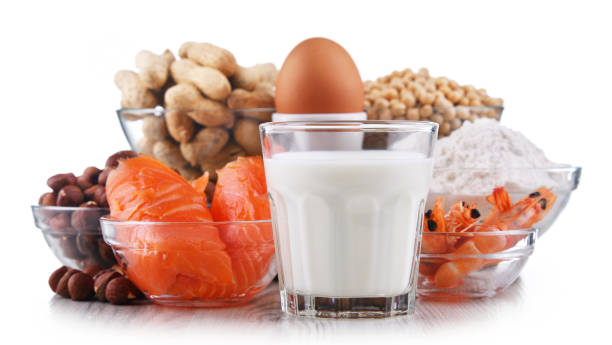 Composition with common food allergens Composition with common food allergens including egg, milk, soya, peanuts, hazelnut, fish, seafood and wheat flour allergy medicine stock pictures, royalty-free photos & images