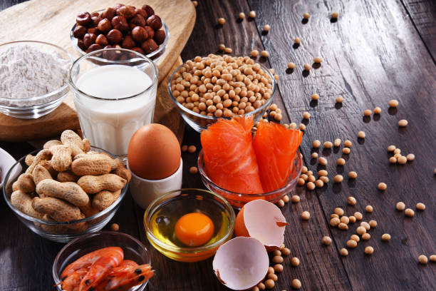 Composition with common food allergens stock photo