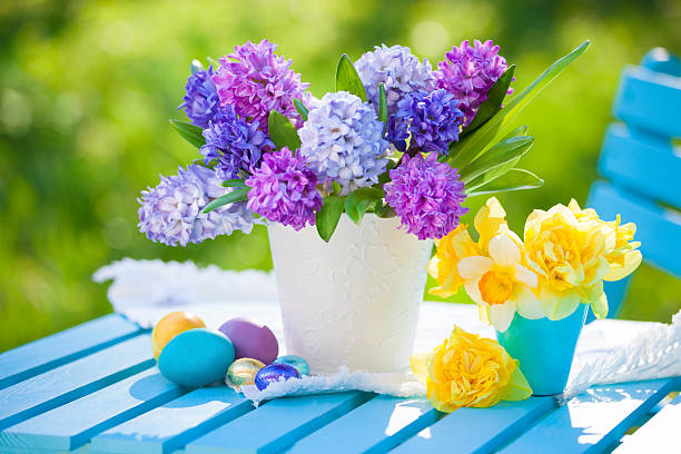 Composition with flowers and easter eggs stock photo
