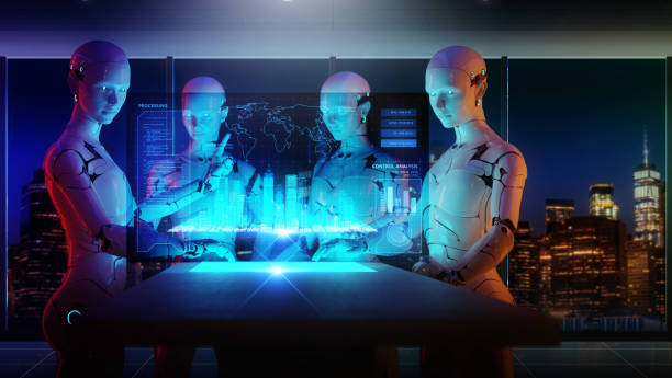 Computer aided manufacturing, future factory engineering and industrial technology, 3D robot teamwork meeting working in factory futuristic metaverse cyber digital world stock photo