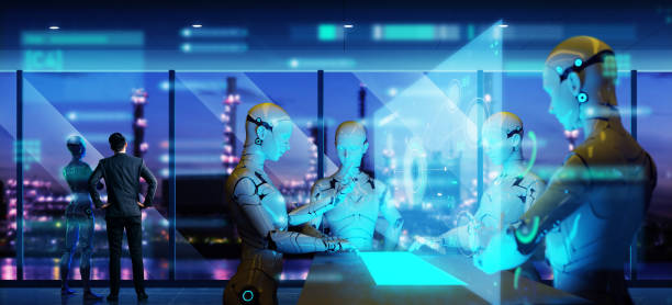 Computer aided manufacturing M2M automation technology industry 4.0 engineering, 3D robot teamwork working meeting in factory futuristic metaverse cyber digital world stock photo
