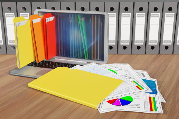 Computer Colored folders. Document filing   - 3D illustration stock photo