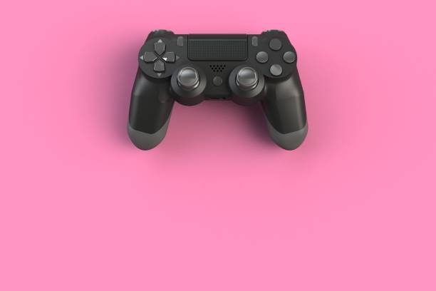 Computer game competition. Gaming concept. Black joystick isolated on pink background, 3D rendering stock photo