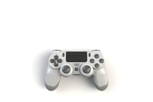 Computer game competition. Gaming concept. White joystick isolated on white background, 3D rendering stock photo