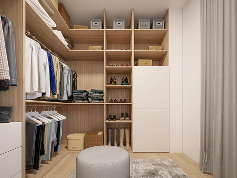 Computer generated image of dressing room. Architectural Visualization. 3D rendering.