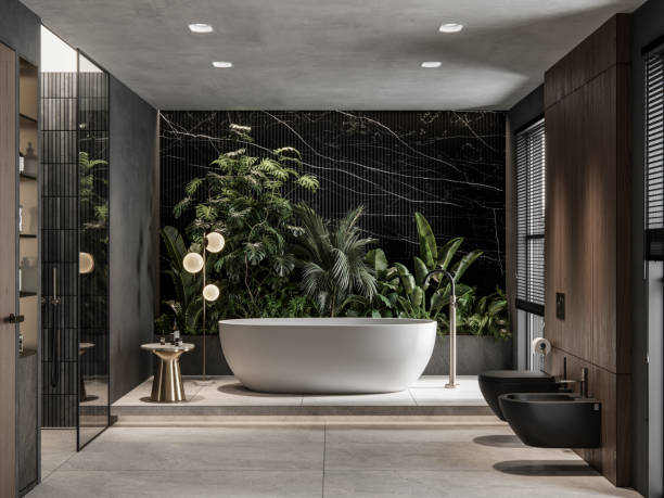 computer generated image of interior of bathroom in 3d with houseplant - vloertegelsb stockfoto's en -beelden