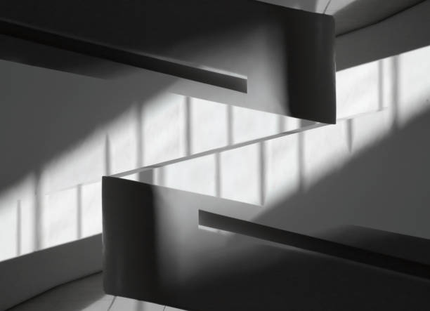 Computer graphic image of balustrades or partitions. Abstract black and white modern architecture background on the subject of building interior, construction or real estate. Digitally rendered futuristic architectural fragment chiaroscuro stock pictures, royalty-free photos & images