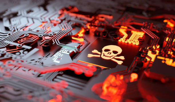 Computer Hardware Hacking Background Vulnerable computer hardware being hacked and network ransomware digital cybercrime background concept. 3D illustration. ransomware stock pictures, royalty-free photos & images