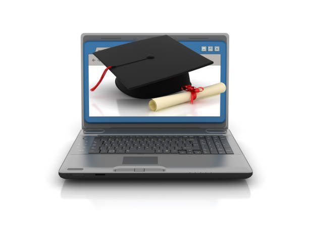 Computer Laptop with Web Browser and Graduation Cap - 3D Rendering Computer Laptop with Web Browser and Graduation Cap - White Background - 3D Rendering degree online stock pictures, royalty-free photos & images